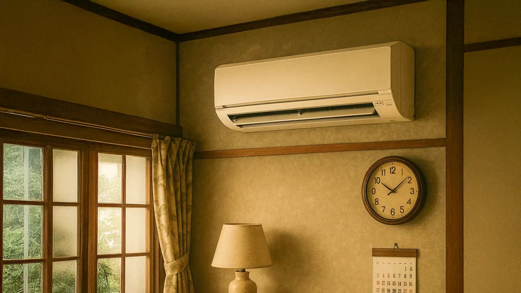 部屋にあるエアコンを描いたイラスト