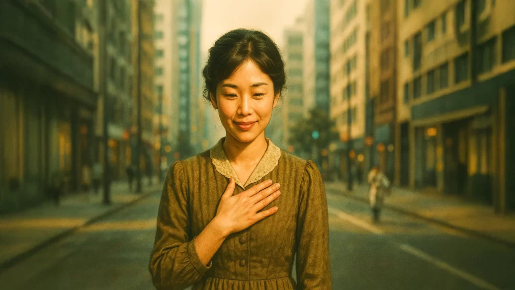 胸に手を当ててお礼を言っている女性のイラスト