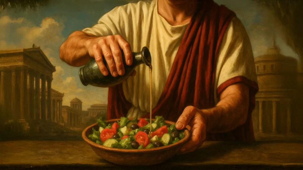 オーリブオイルをサラダにかけている画像