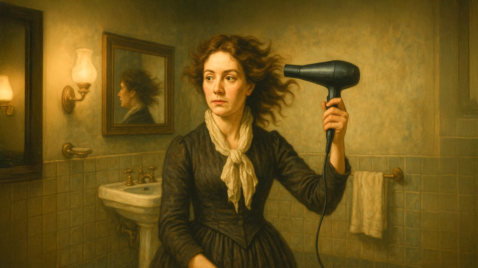 髪をドライヤーで乾かす女性のイラストの画像