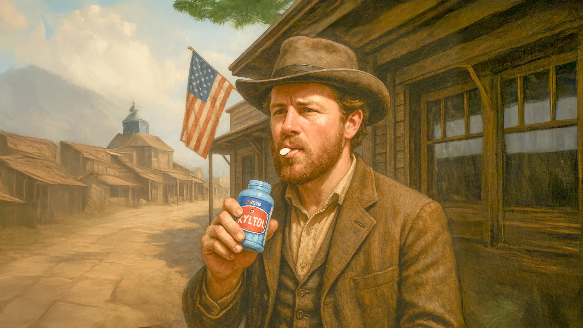 ガムを噛む昔のアメリカ人のイラスト