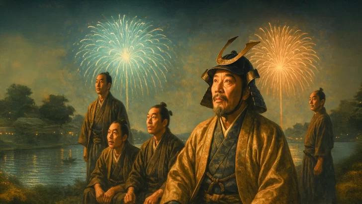 花火を河原で見る人々のイラスト