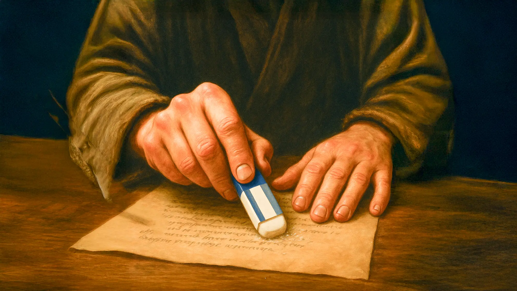 ノートの上で消している消しゴムのイラストの画像。