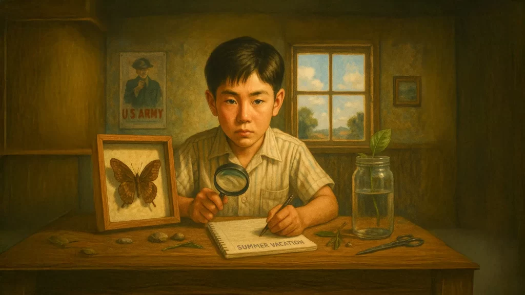 自由研究をしているす男児のイラスト