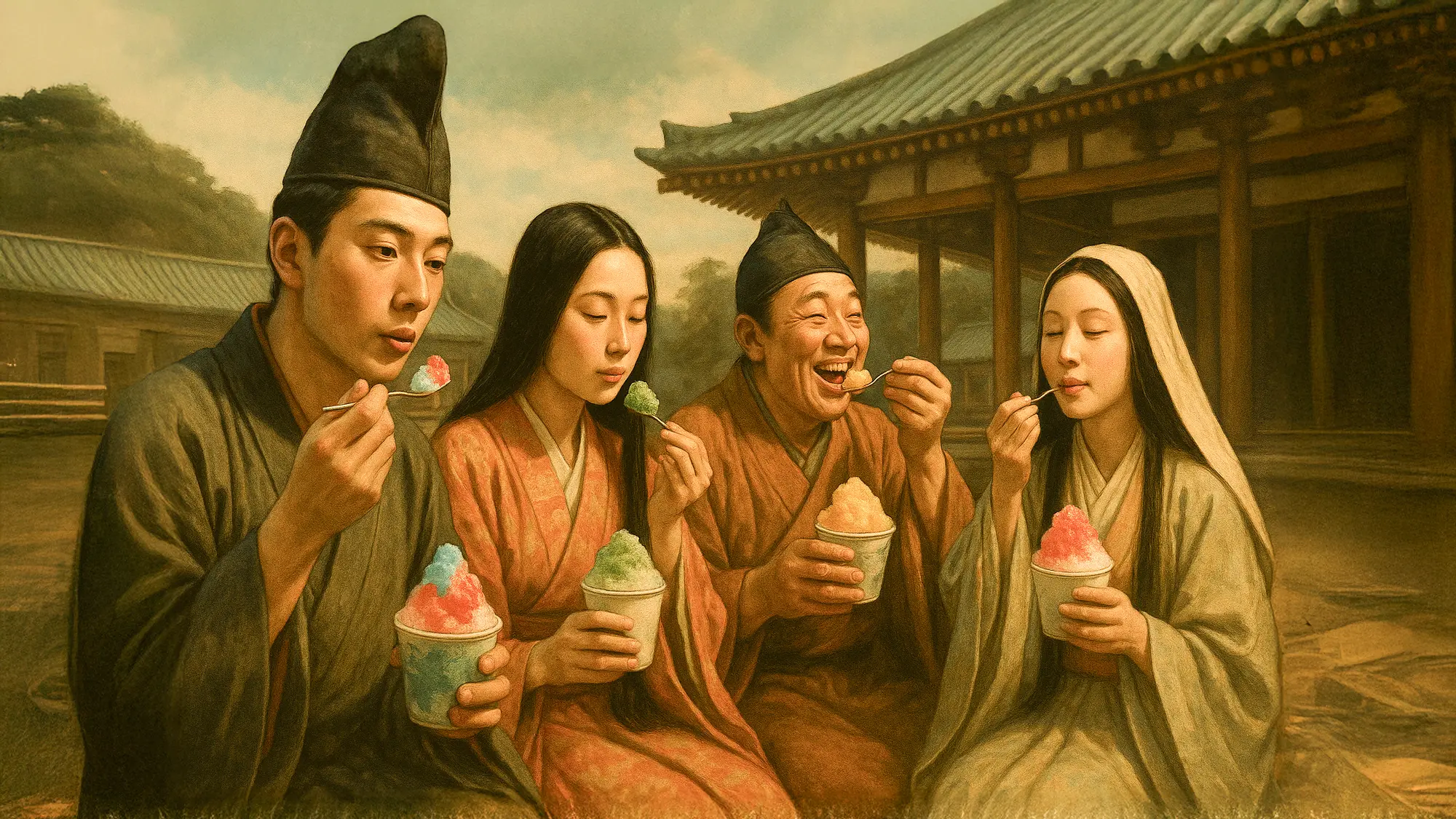 昔の人が現代のかき氷を食べている様子のイラスト