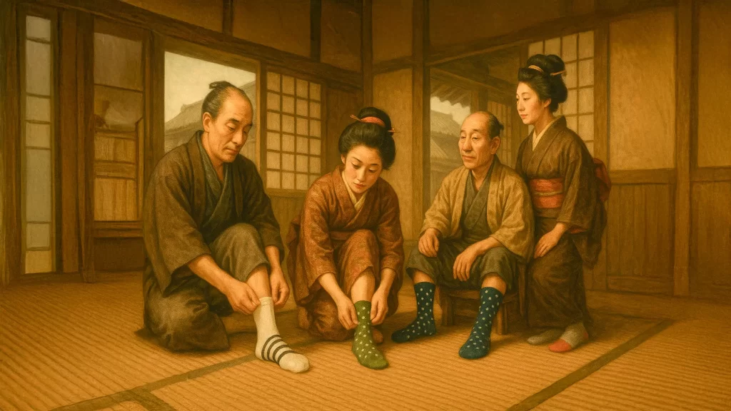 現代の靴下を履く江戸時代の人たちのイラスト