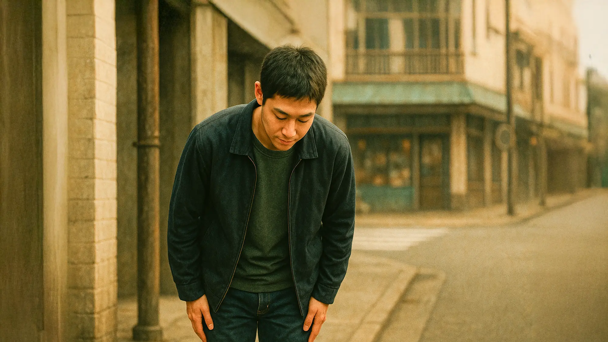 街中でお辞儀をしている男性のイラスト