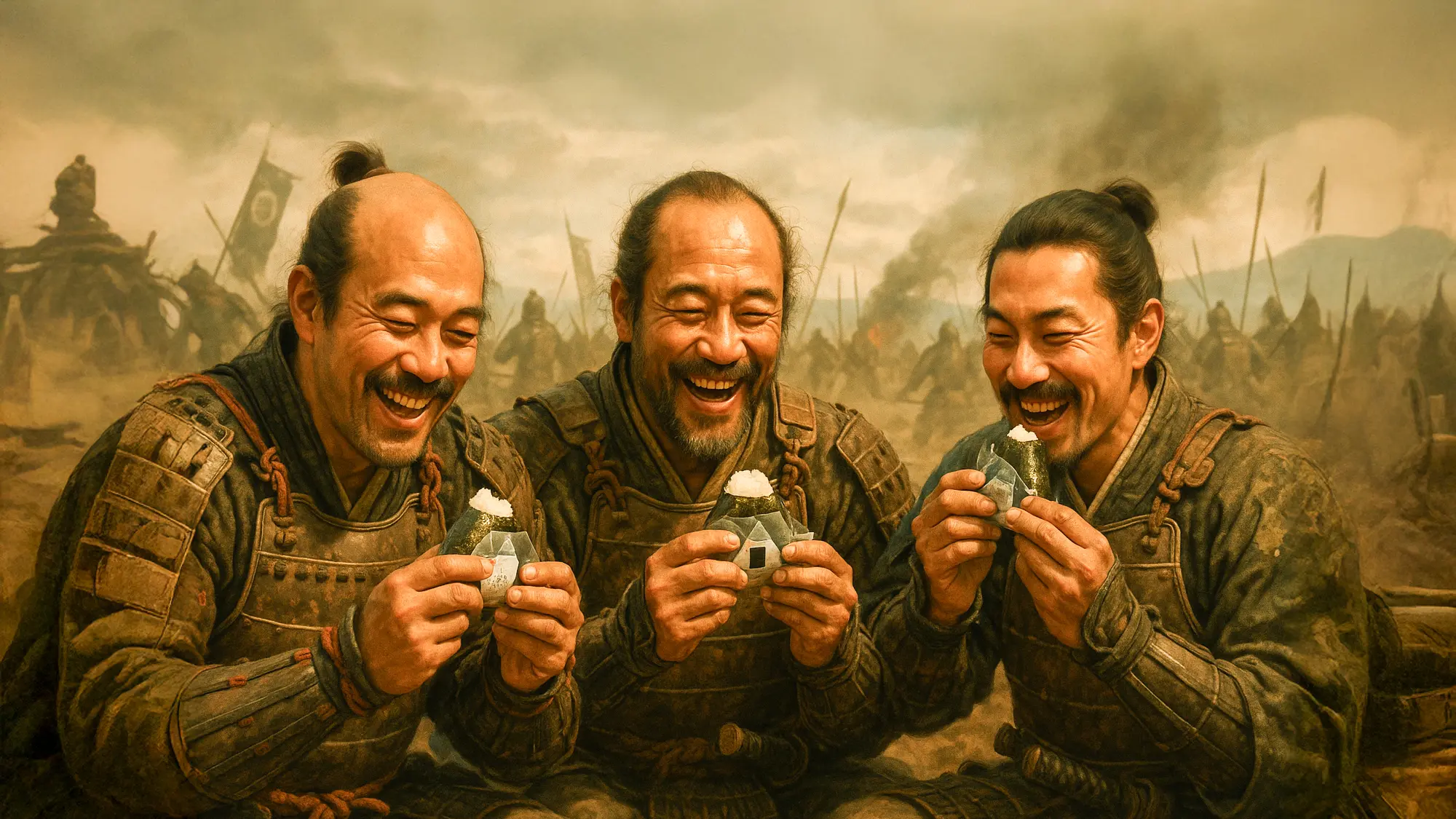 戦場でおにぎりを食べる武士のイラスト