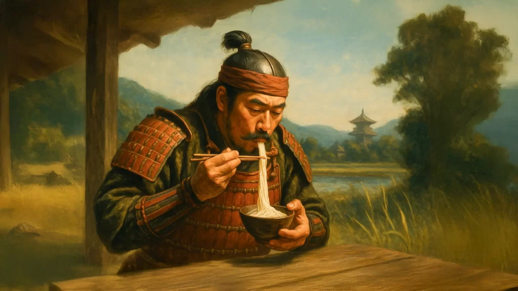 そうめんを食べる武士のイラスト