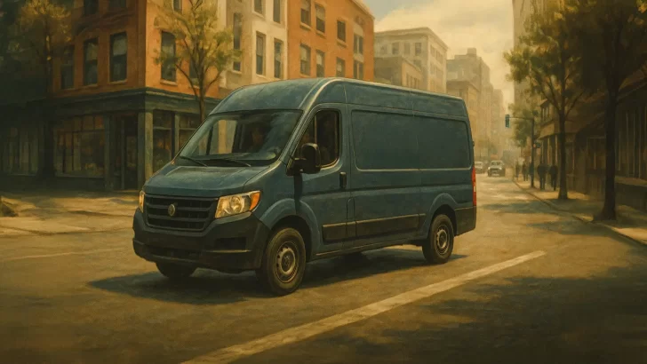 街中を走るAmazonの配送車のイラストの画像。