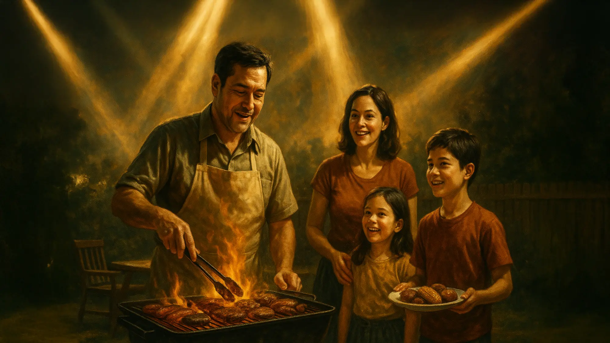 家族でBBQをしている様子のイラストの画像