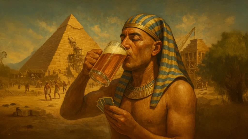 ピラミッド建設を背後にビールを飲む古代エジプト人のイラスト。