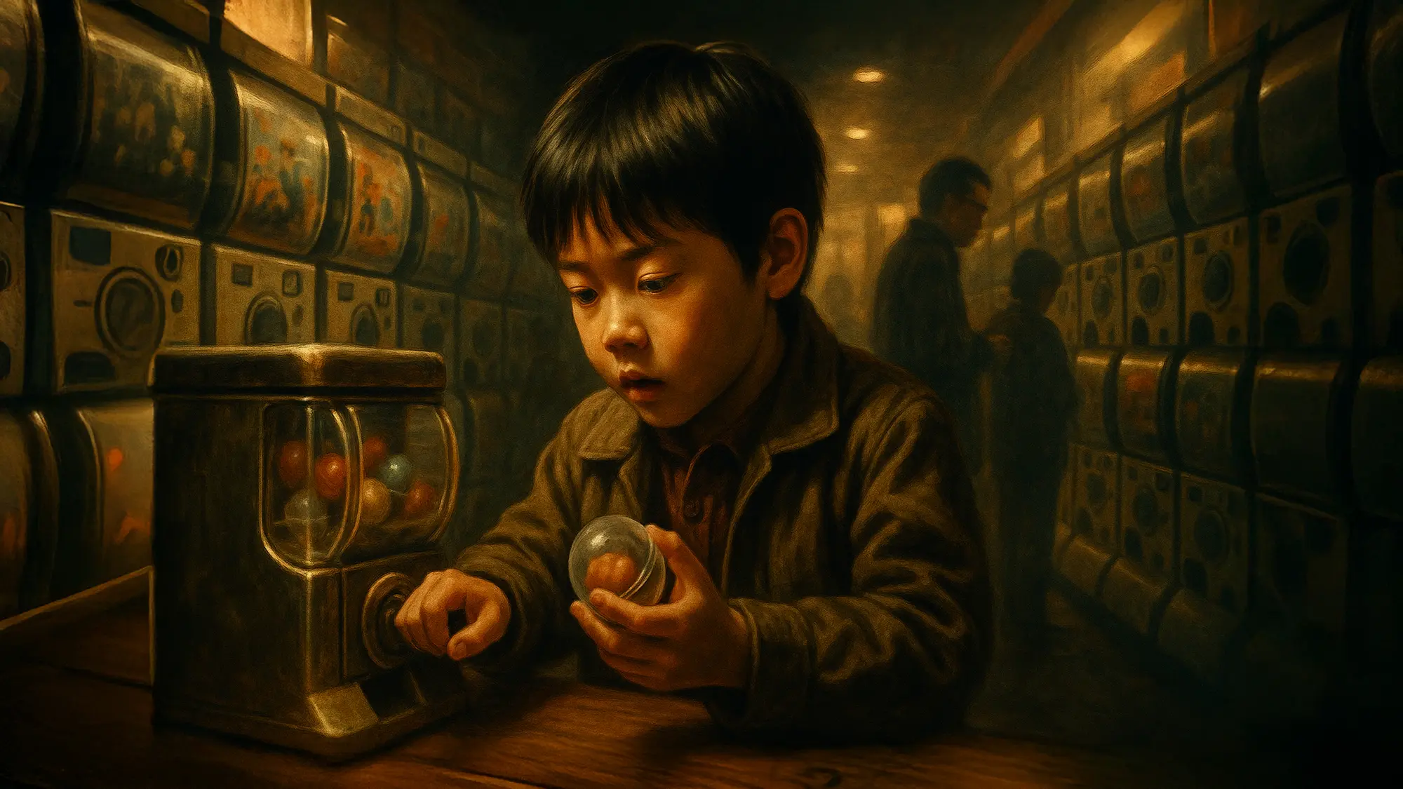 ガチャガチャをしている男の子のイラストの画像