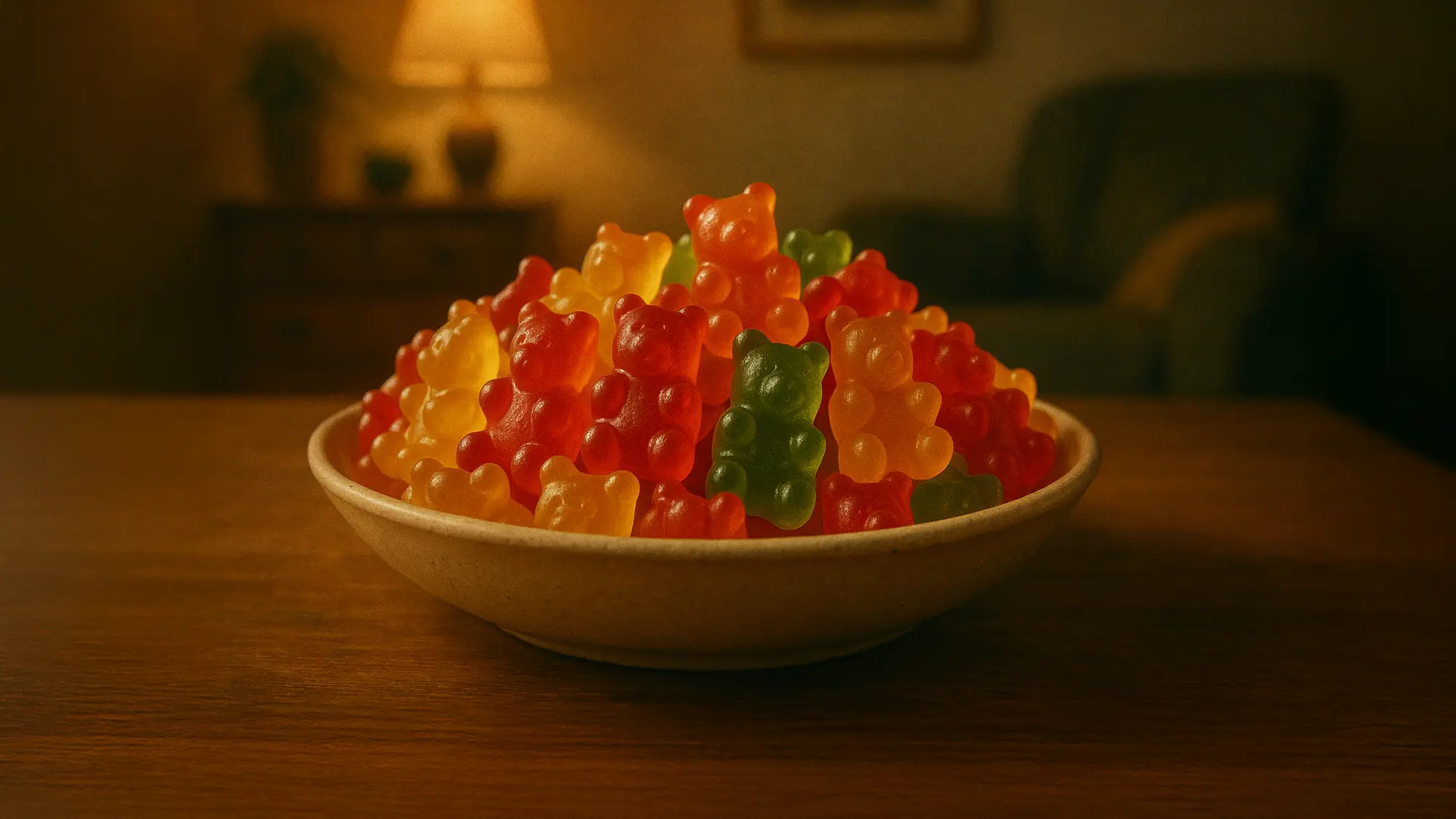 お皿に入ったクマの形をしたグミのイラスト