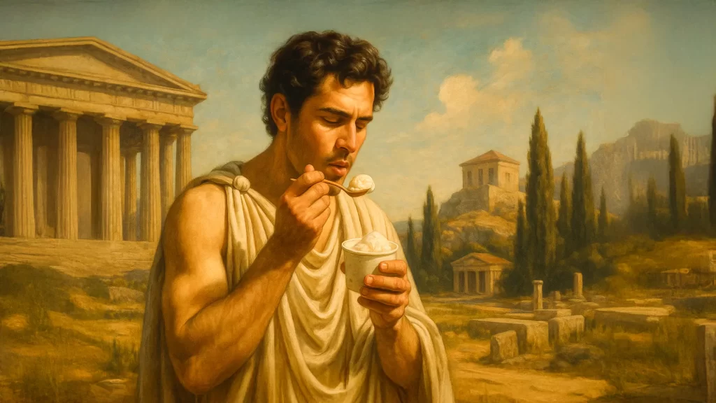 アイスを食べている古代人のイラスト