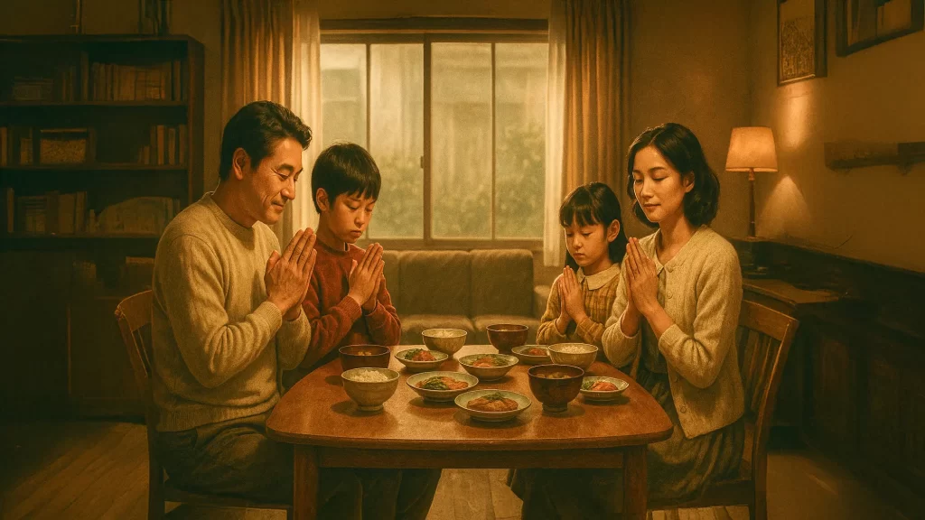 いただきますを家族で行っているイラストの画像