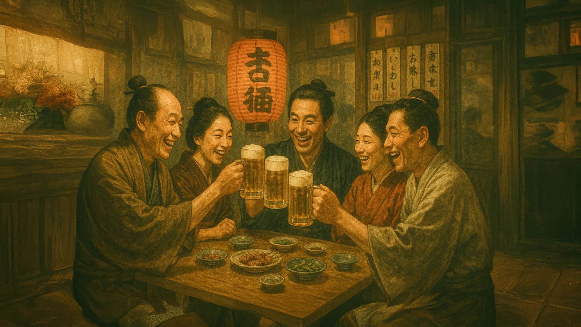 居酒屋で乾杯をしているグループのイラストの画像