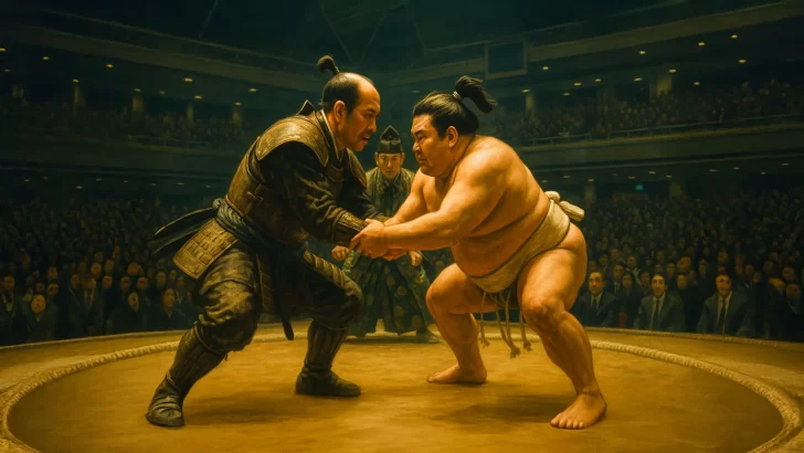 国技館で相撲をっている様子のイラストの画像。