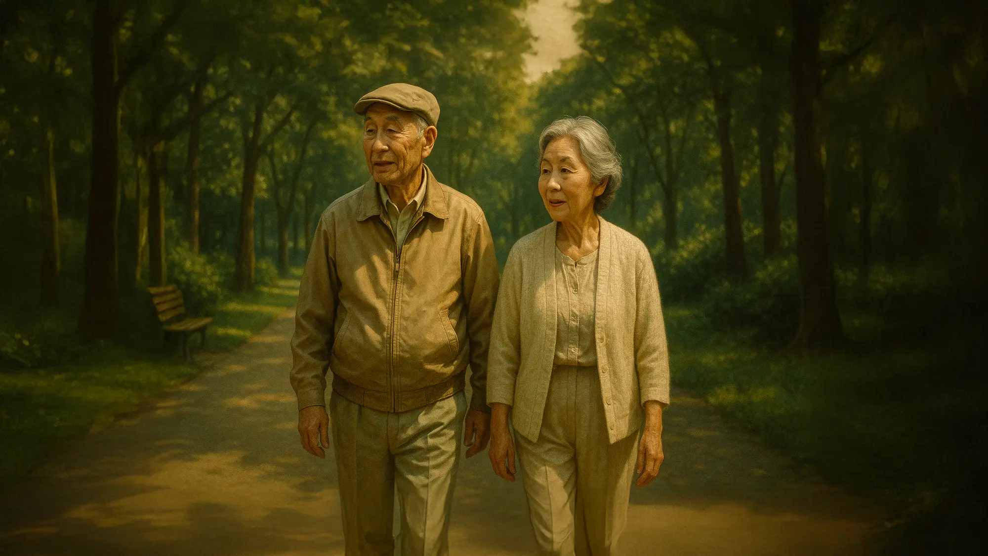 仲の良い老夫婦が公園を歩いているイラスト