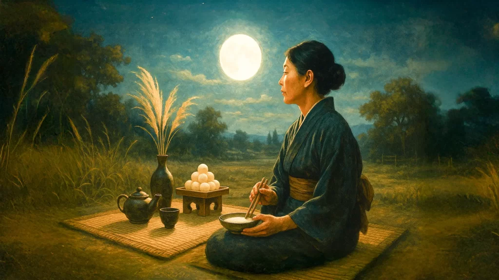 月見をしている女性のイラスト