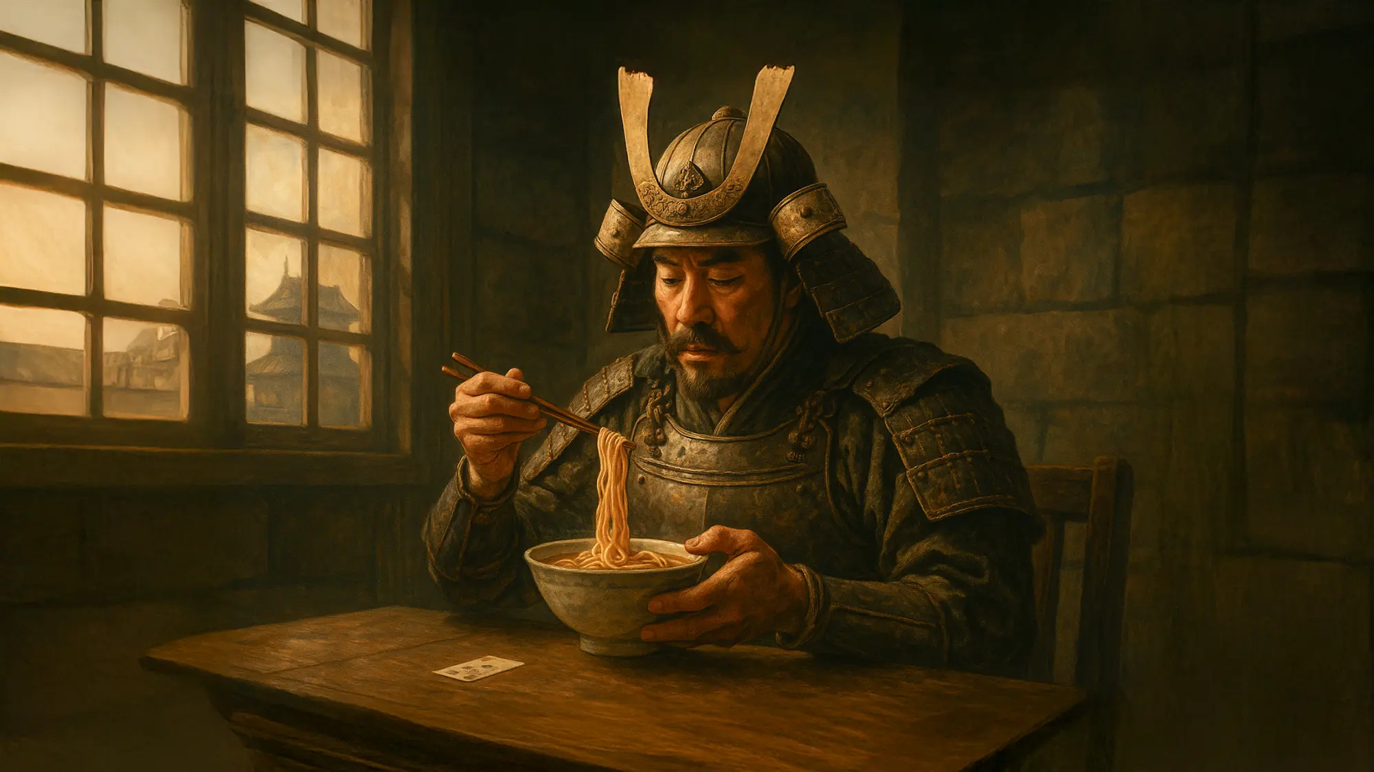 城内の一室でラーメンを食べる武将のイラスト