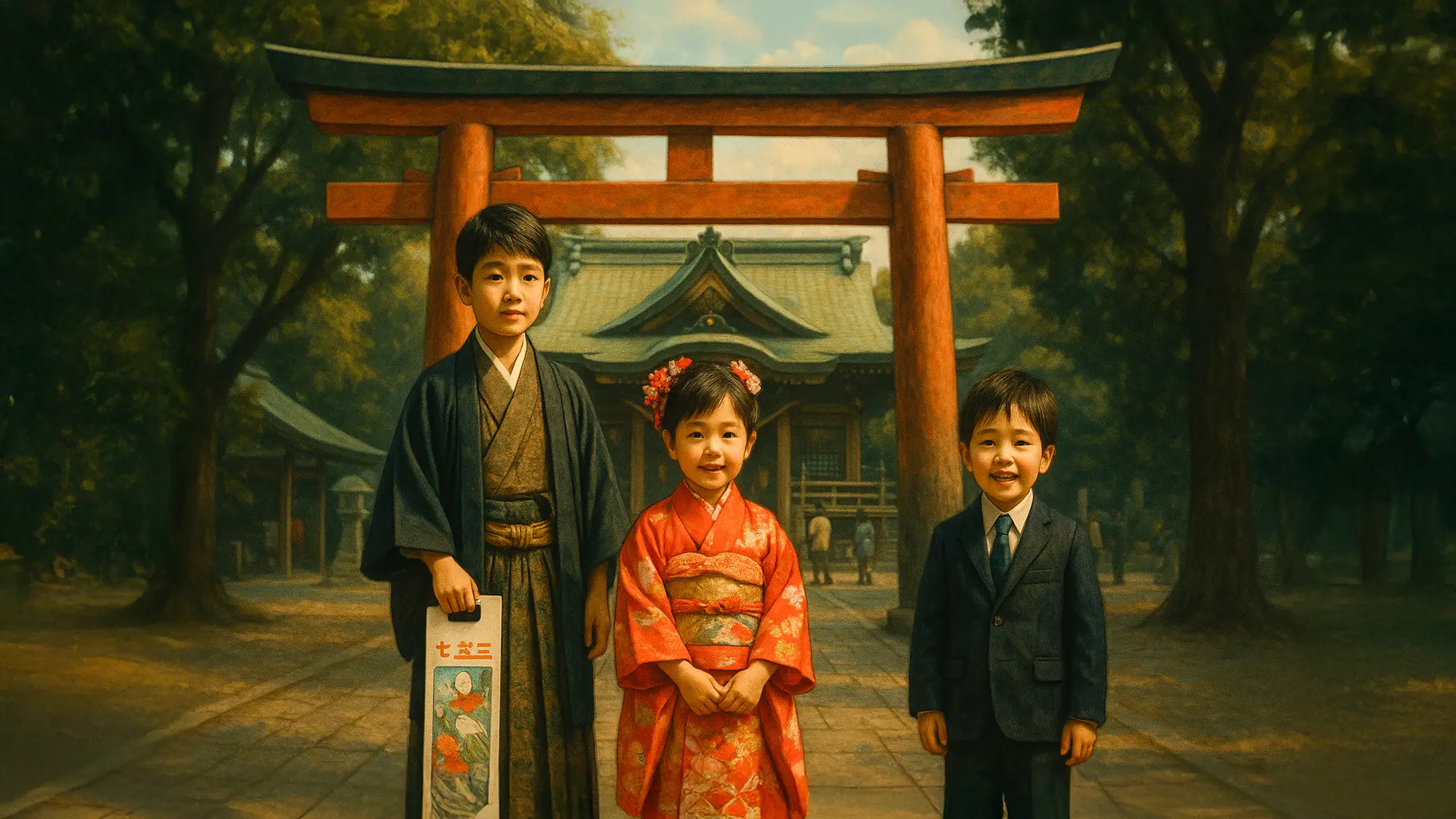 七五三に来た子供達のイラストの画像