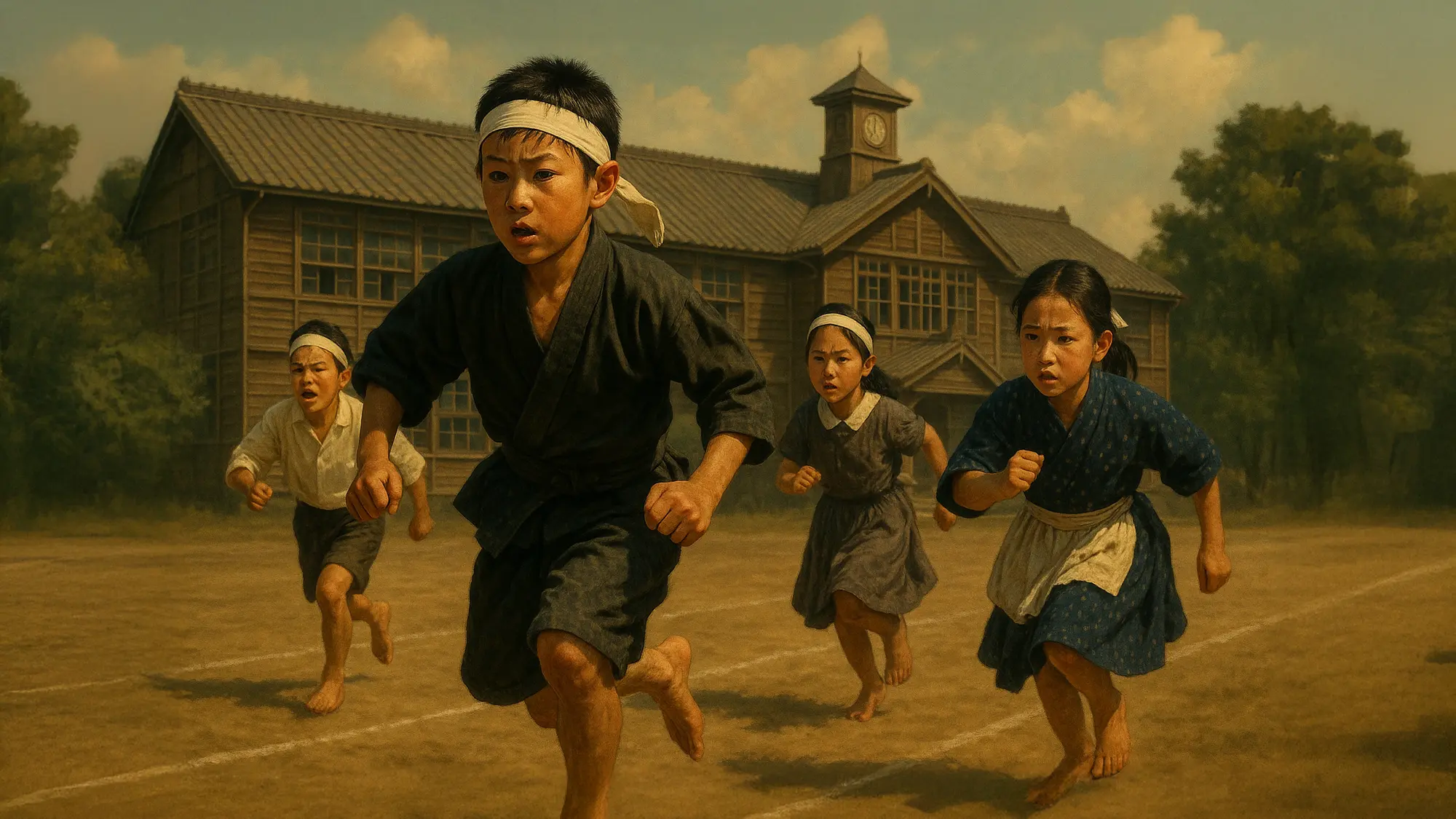 運動会で50m走をする児童たちのイラストの画像