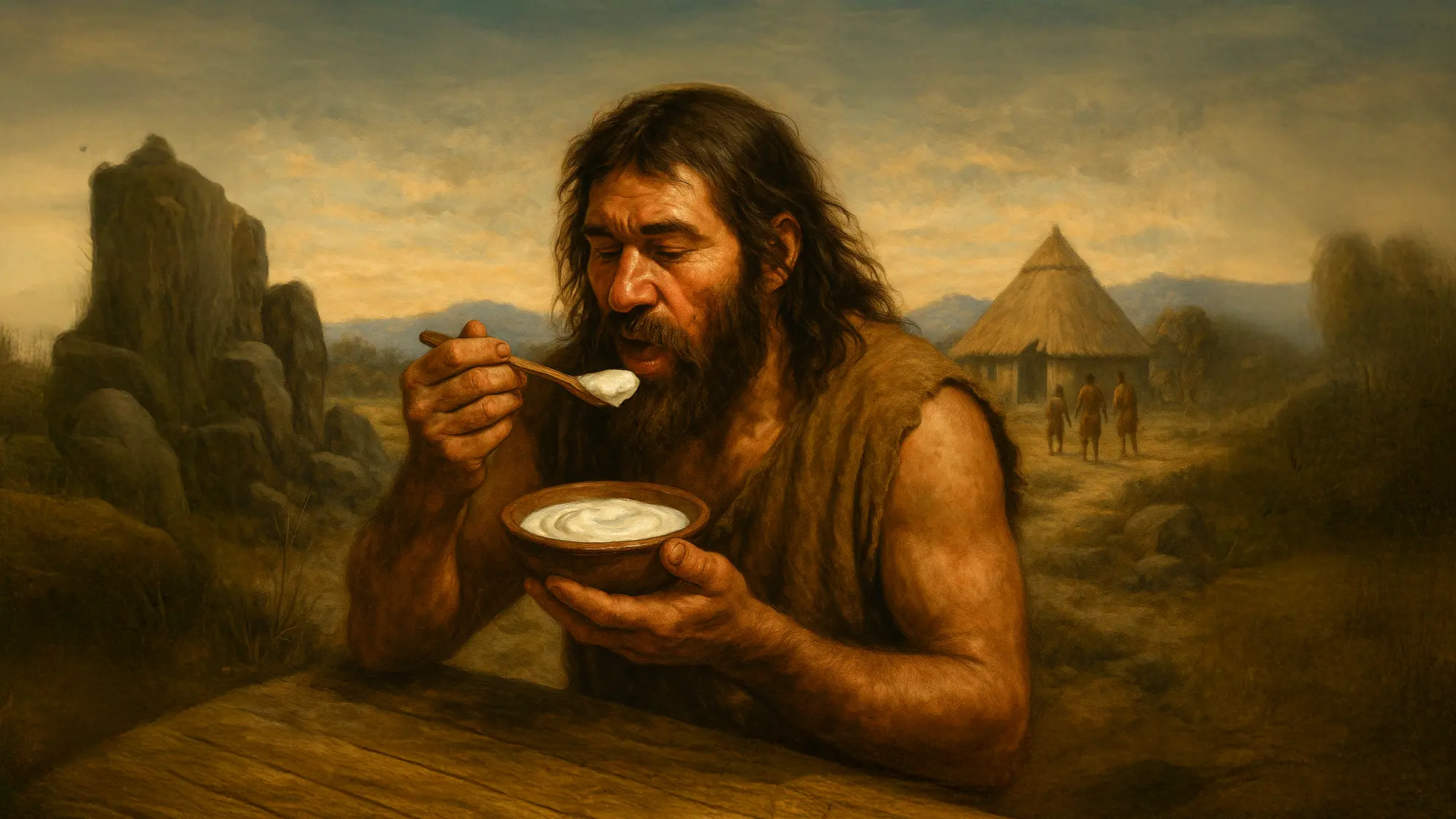 古代人が今代のヨーグルトを食べているイラスト