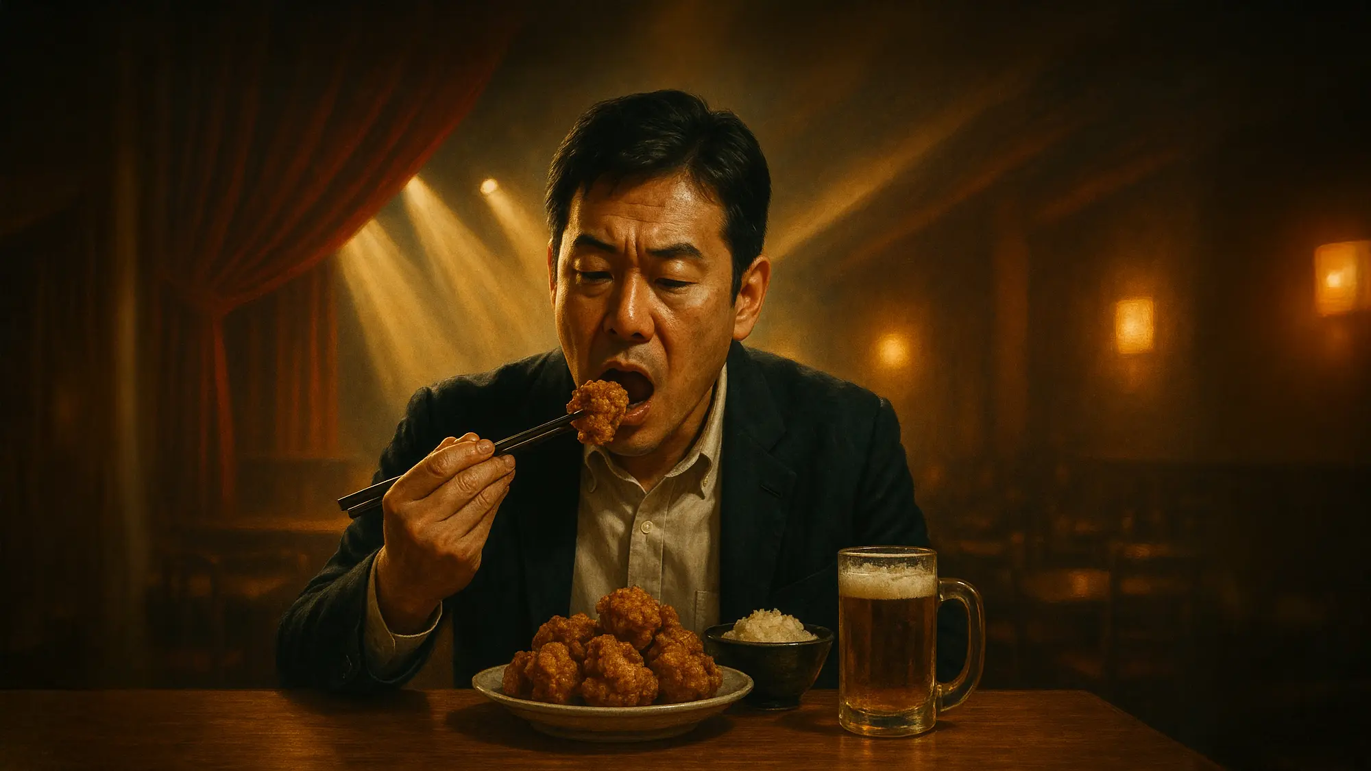 ザンギを食べる男性のイラストの画像