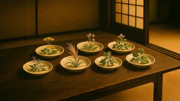 秋の七草が机の上で並べられている画像