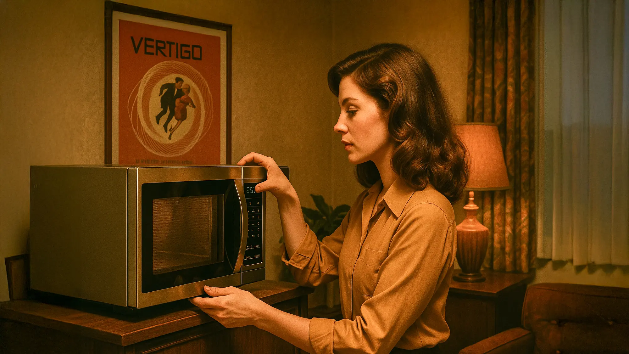 電子レンジを触る西洋の女性の画像