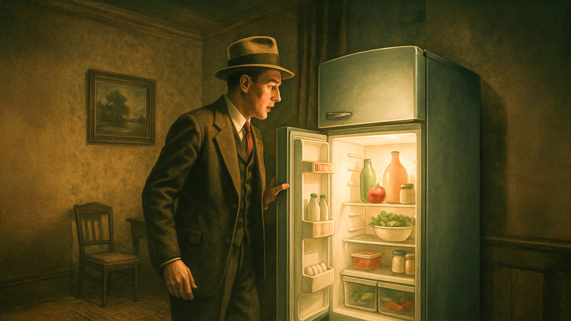 冷蔵庫を開ける昔の紳士の画像