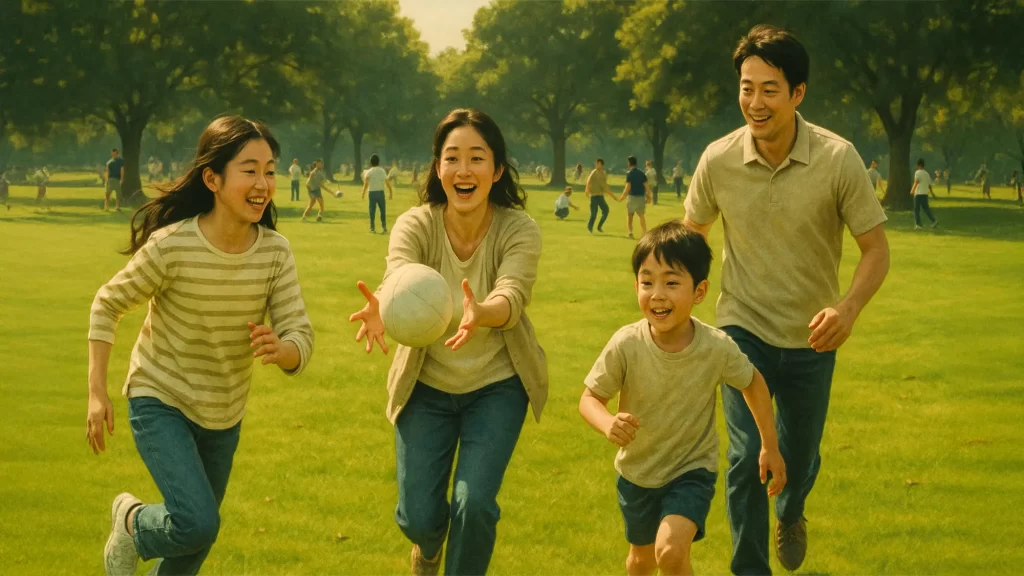 公園でスポーツをする家族の画像