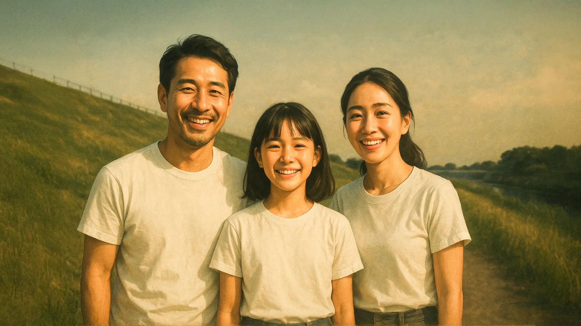 白いTシャツを着ている親子の画像