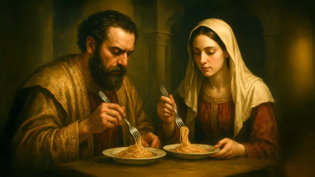 フォークを使ってパスタを食べる古代ローマ人の画像