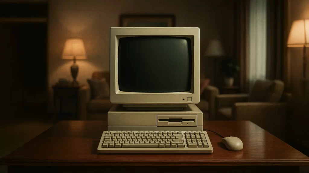 机の上に置いてある旧型のPCの画像