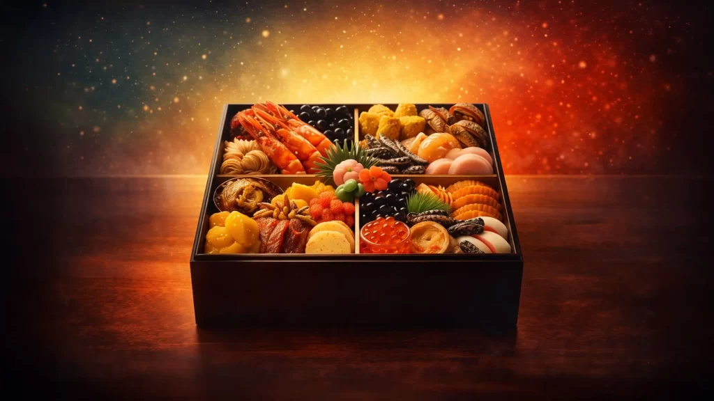 机の上の置いてあるおせちの画像