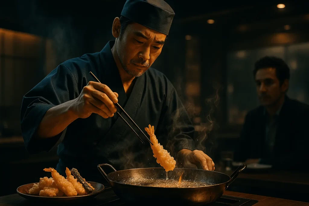 天ぷらを揚げている職人の画像